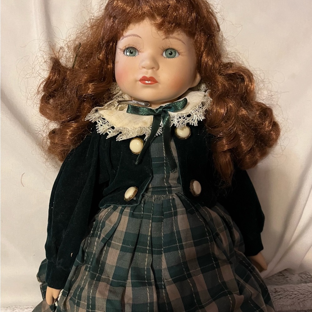 Elegant Green Plaid Porcelain Doll with Velvet Jacket